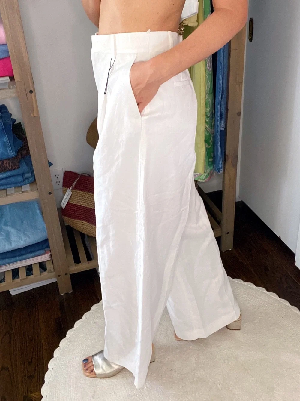 ZARA White High-Waist Wide-Leg Side Raw Hem Linen Blend Pant! 🤍